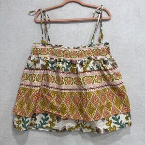 Sarah Hann Anthropologie Top Womens Large Boho Floral Smocked Tie Strap Cami